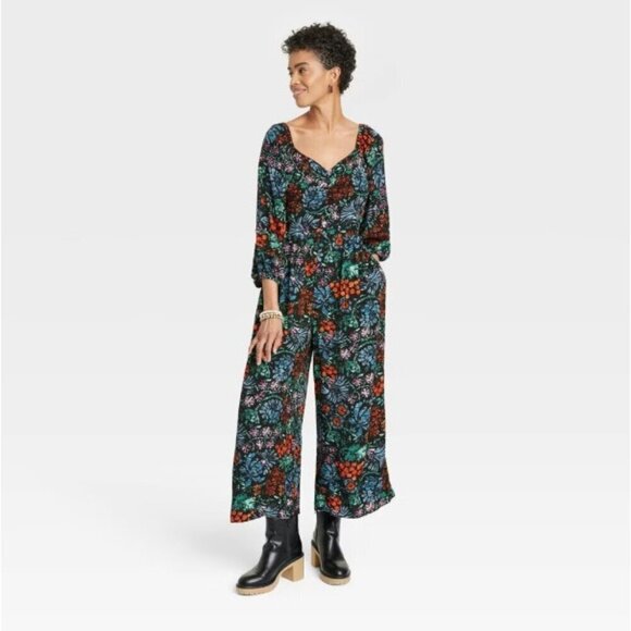Knox Rose Women's XL Puff 3/4 Sleeve Loose Jumpsuit Straight Fit Black Floral - Picture 1 of 5